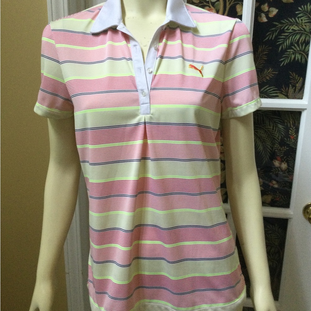 Puma Womens L Multi color Striped polo collar golf shirt moisture wicking